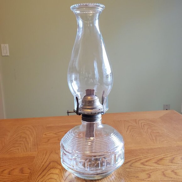 Vintage Clear Glass 14" Oil Lamp with Glass Chimney - Picture 3 of 4